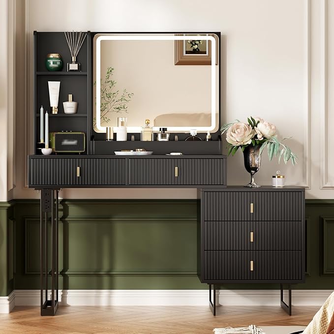 Large Vanity Desk with 3 Color Touch Screen Dimming Mirror, Vanity Desk with Charging Station, Modern Retractable Makeup Dressing Table, Makeup Table With storage shelves and 5 Sliding Drawers, Black