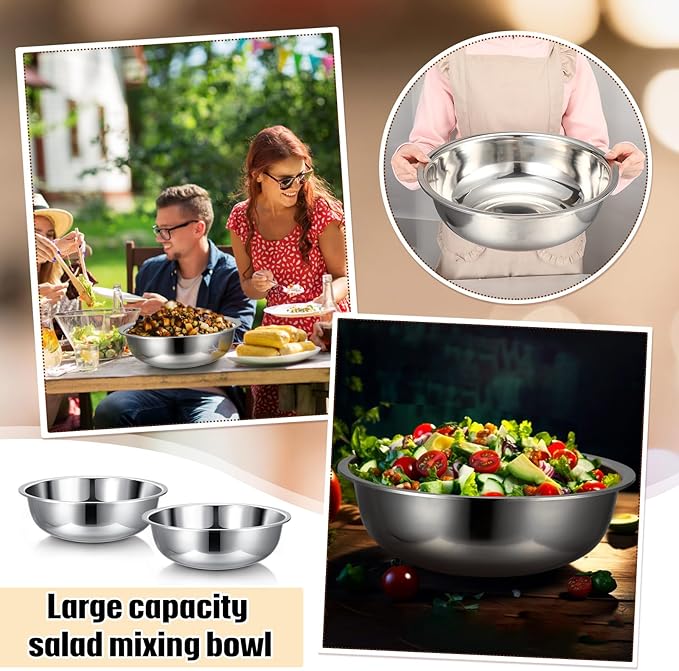 Nuogo 4 Pcs Stainless Steel Mixing Bowls Metal Mixing Bowls Extra Large Basin Salad Basin Deeper Edge Dishwasher Safe Mirror Finish for Home and Commercial, Silver (16 Inch 13 Qt)