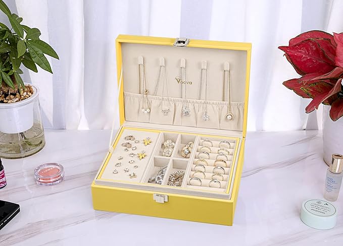 Voova Jewelry Box Organizer for Women Girls, 2 Layer Large Men Jewelry Storage Case, PU Leather Display Jewellery Holder with Removable Tray for Necklace Earrings Rings Bracelets, Vintage Gift, Yellow