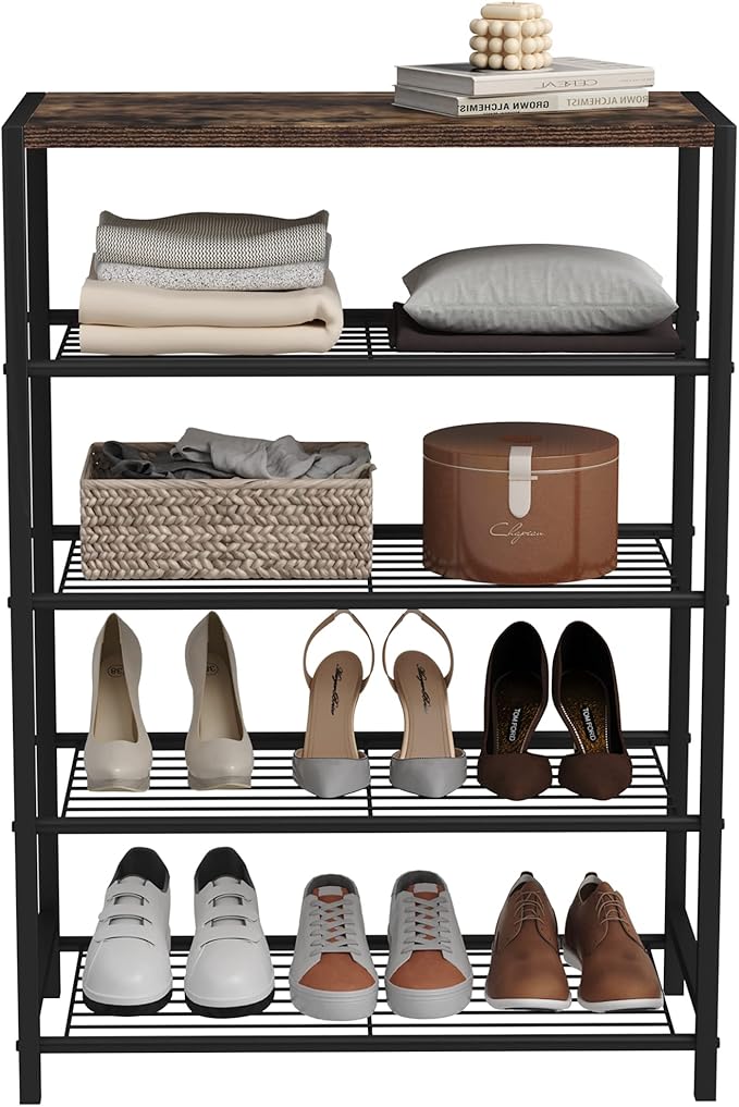 HOMEFORT 5-Tier Shoe Rack, Shoe Storage Shelf with MDF Top Board, Shoe Rack Organizer, Each Tier Fits 3 Pairs, Entryway Shoe Stand with Sturdy Shelves, Rustic Brown
