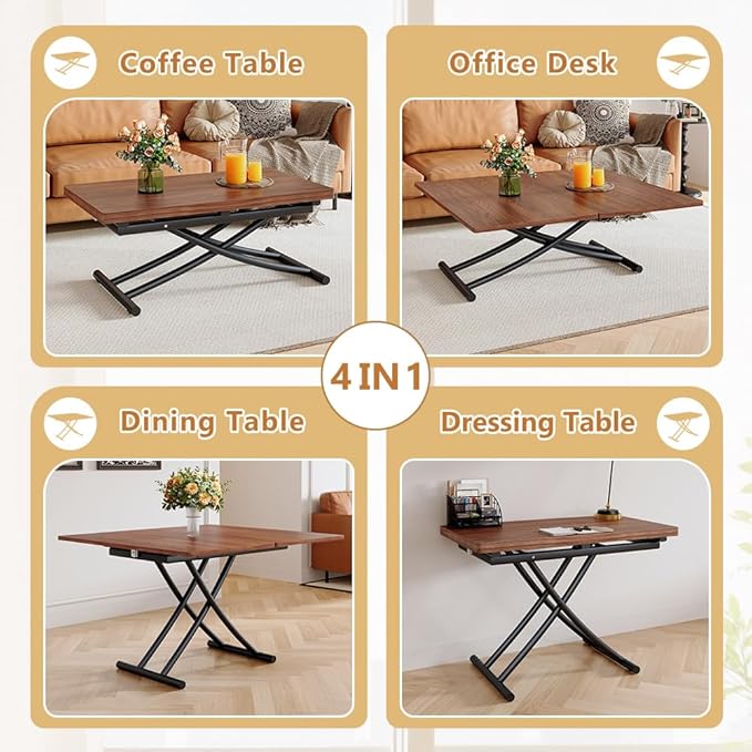 4 in 1 Folding Dining Table with Adjustable Lift Top & Wheels, Multi-Function Coffee Table to Dining Table for Apartments, Kitchens, Living Rooms, Scratch-Resistant & Easy Assembly