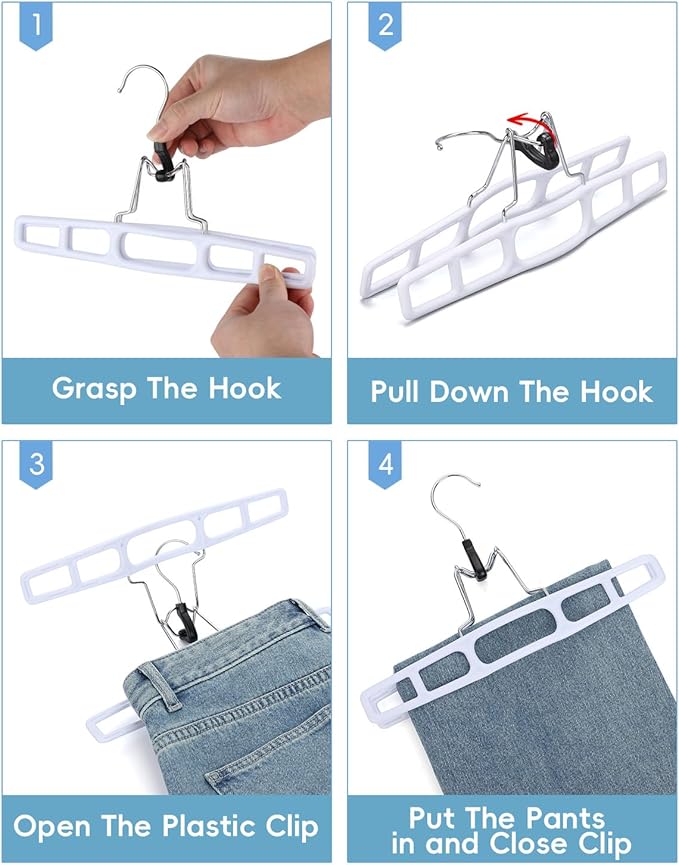 AMKUFO 12 Pack Pants-Hangers Skirt-Hangers, Plastic Pant-Hangers-for-Women Men, Pants-Hangers-Space-Saving, Clamp Hangers-for-Pants Jeans Shorts Tie Belt