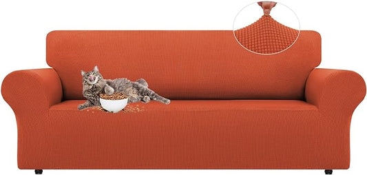 LURKA Stretch Sofa Slipcovers 1 Piece Couch Covers for 3 Cushion Couch Sofa Furniture Protector Full Sofa Covers with Elastic Bottom for Kids and Dog (Large, Pumpkin)