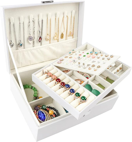 Homeanda Jewelry box 2 layer Jewelry box Leather Jewelry boxes for Women Girls Teens Jewelry organizer box Jewelry Storage box with lock(White)