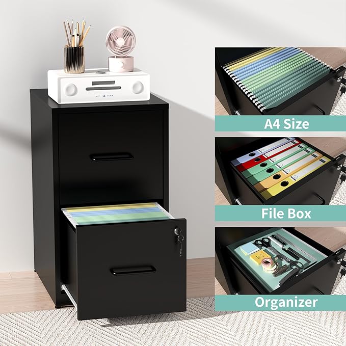 AQY 2 Drawer File Cabinet with Lock, Metal Black Filing Cabinet for Home Office, 18" Deep Heavy Duty Vertical Storage Cabinet for Hanging A4/Letter/Legal Size Files, Assembly Require