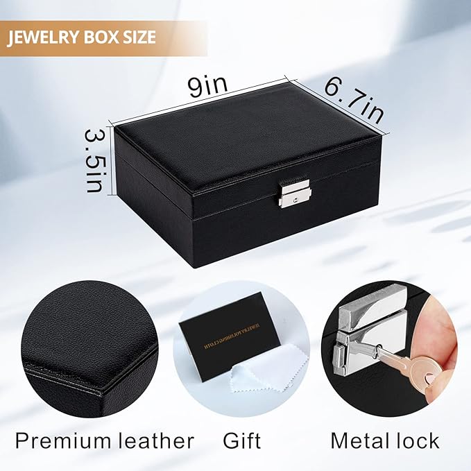 Jewelry Boxes for Women Girls 2 Layers leather Jewelry Organizer Case with Lock Storage Box Removable Tray for Necklace Earring Ring with Polishing Cloth and Jewelry Bags