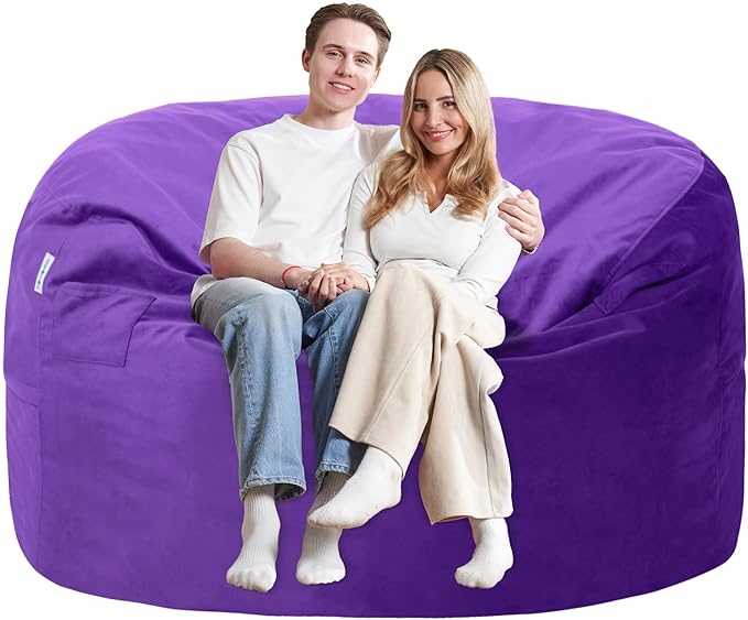 5FT Bean Bag Chair with Ultra Soft Velvet Cover Bean Bag Sofa with Memory Foam Bean Bag Chairs with Large Size Lazy Sofa for Dorm Office Living Room Bedroom Purple 5'