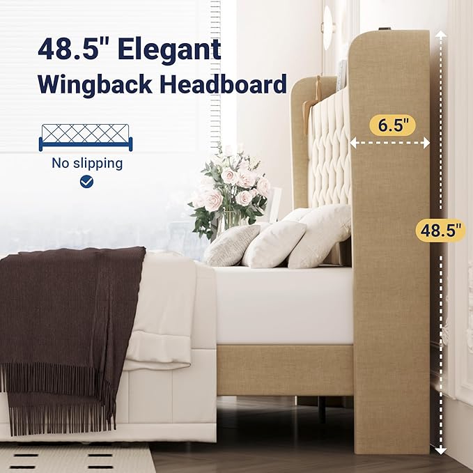 Allewie Full Size Bed Frame, Storage Headboard with Charging Station, Wingback Linen Upholstered, Diamond Stitched Button Tufted, Sturdy Wooden Slats, No Box Spring Needed, Easy Assembly, Beige