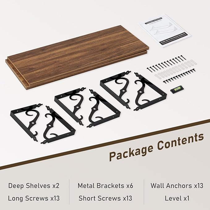 Deep Floating Shelves, 31" W x 12" D Wall Shelves Set of 2, Wide Display Shelf Wall Mounted with Brackets, Bookshelf for Living Room, Bathroom, Bedroom, Walnut