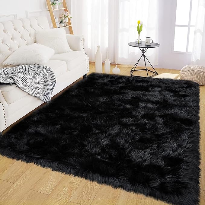 Latepis Shag Rug 6x9, Faux Fur Sheepskin Rug for Living Room, Fluffy Washable Rugs for Bedroom, Dorm, Luxury Room Decor, Black Fuzzy Rugs, Rectangle