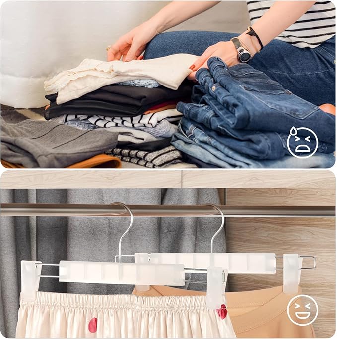 Clothes Pants Hangers, Space-Saving Skirt Holders with 360 ° Swivel Hooks, Adjustable Clips, Trouser Hangers, Clothes Coat Garment Jeans Hangers (20 Pack, Transparent)
