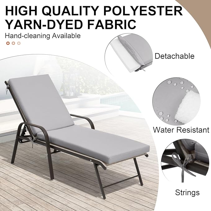 Crestlive Products Chaise Lounge Cushion Outdoor, 72x21 Inch, Waterproof & 3-Year Fade Resistant Lounge Chair Cushion for Outdoor Furniture, Patio Cushion for Pool, Lawn, Light Gray