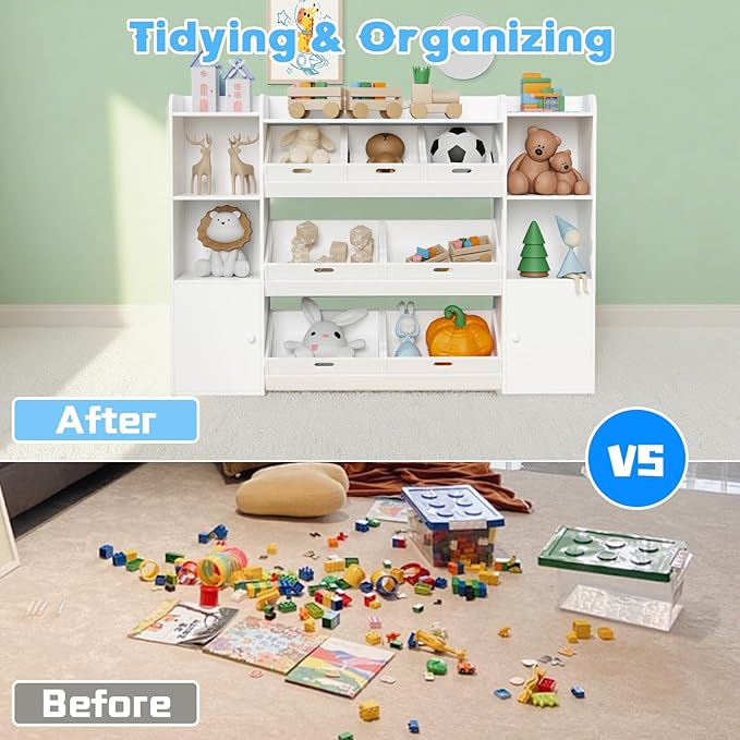 Kids Toy Storage Organizer with 7 Removable Storage Bins, 4 Open Compartments,55.7" W Large Toy Organizers for Playrooms, Bedrooms & Classrooms,Bright White