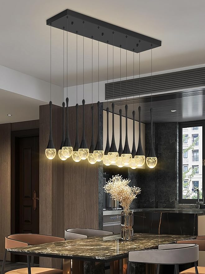 Modern Rectangular Chandelier,14 Lights Black Raindrop Chandelier Lighting,Industrial Linear Pendant Ceiling Light Fixture for Dining Living Room Kitchen Island
