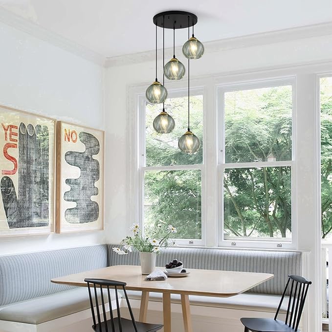 KCO Lighting 5 Light Cluster Pendant Lighting Black Globe Cluster Pendant Light Mid Century Modern Stairwell Chandelier Lighting Vintage Green Glass Pendant Light for Kitchen Island, L1170-G