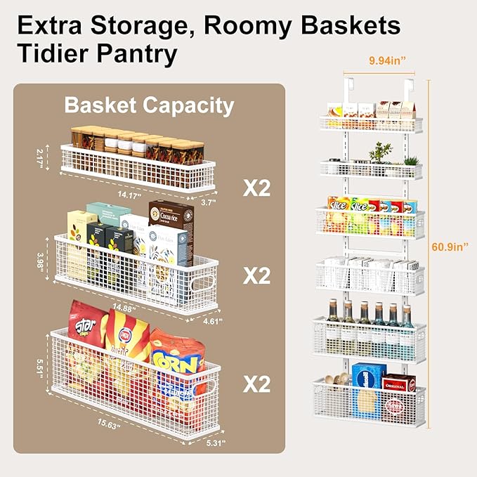 6-Tier Over The Door Pantry Organizer,Hanging Spice Rack,Over Door Adjustable Basket with Handle,Pantry Organization And Storage, Laundry Room,Bathroom,Large Capacity,D5.3xW15.7xH60.9in