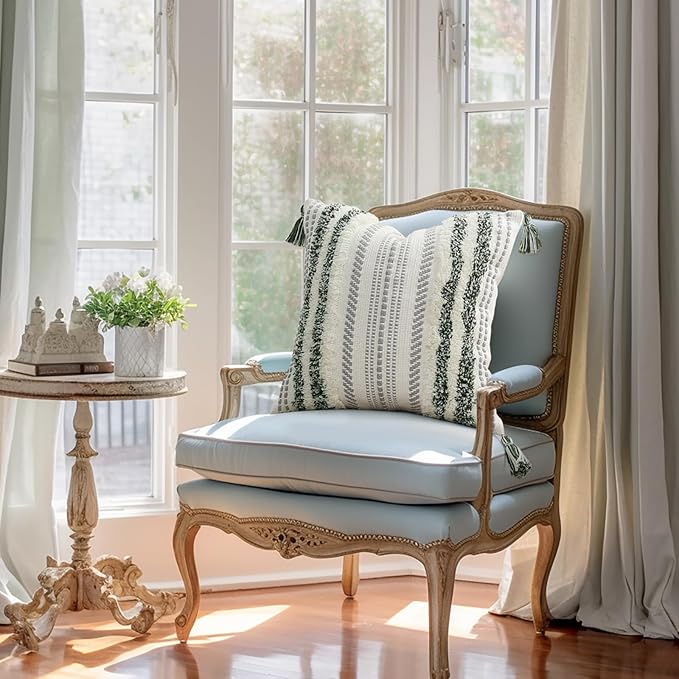 decorUhome Decorative Boho Throw Pillow Cover 18x18, Accent Neutral Textured Tufted Pillow Cover Striped for Couch Bed Sofa, Green and Cream White, Pack of 1