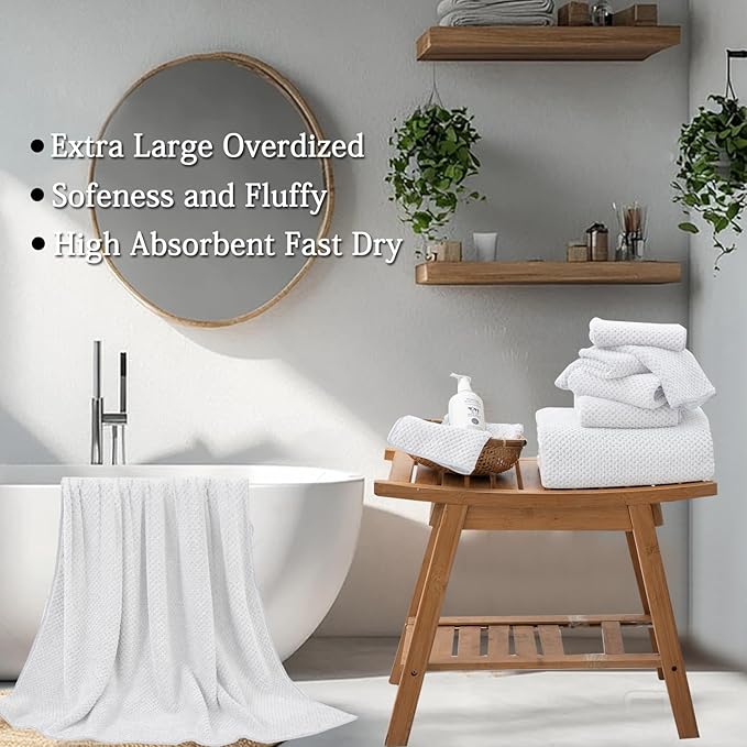 8-Piece White Bath Towels Set,2 Oversized Large Bath Towels Sheet,2 Hand Towels and 4 Washcloths - 600 GSM Soft Luxury Towel Set,Highly Absorbent Quick Dry Towel Collection for Bathroom,Hotel and Spa