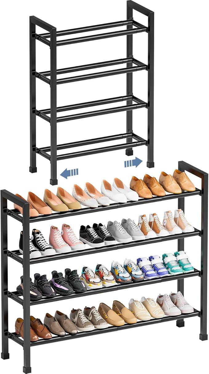Mavivegue Expandable Shoe Rack, 4-Tier 19"-43.3" Adjustable Shoe Rack for Closet,Hall Entryway,Front Door,Garage, Sturdy Steel Space-Saving Rack, Black