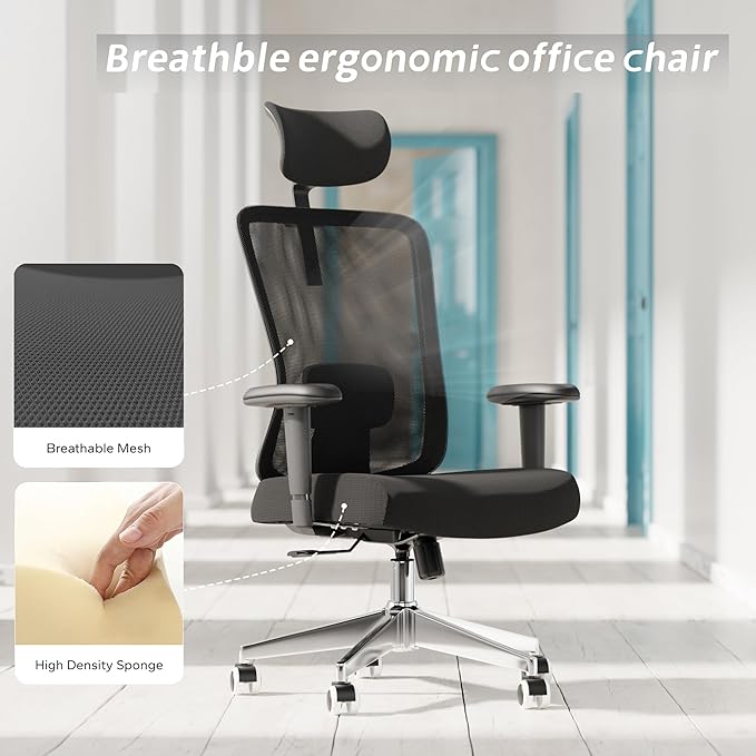 Ergonomic Office Chair, Mesh Desk Chair with Adjustable Headrest and 2D Armrest，Computer Chairs with Lumbar Support, Big and Tall Office Chair 400lbs, Large (01black)
