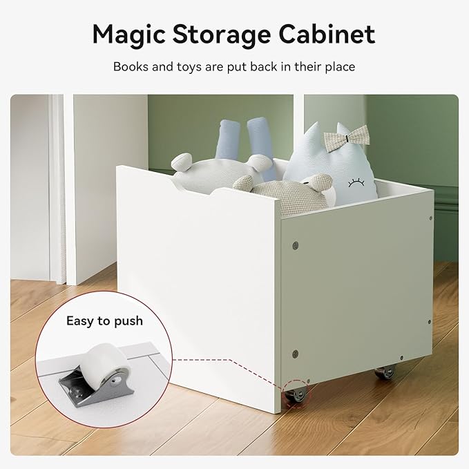 oneinmil 67" Kids Reading Nook with Bench Kids Bookshelf and Bookcase with Seat Cushion and Cube Storage Organizer Toddler Storage Cabinets Box on Wheels Children Toy Chestfor Bedroom, Nursery, White