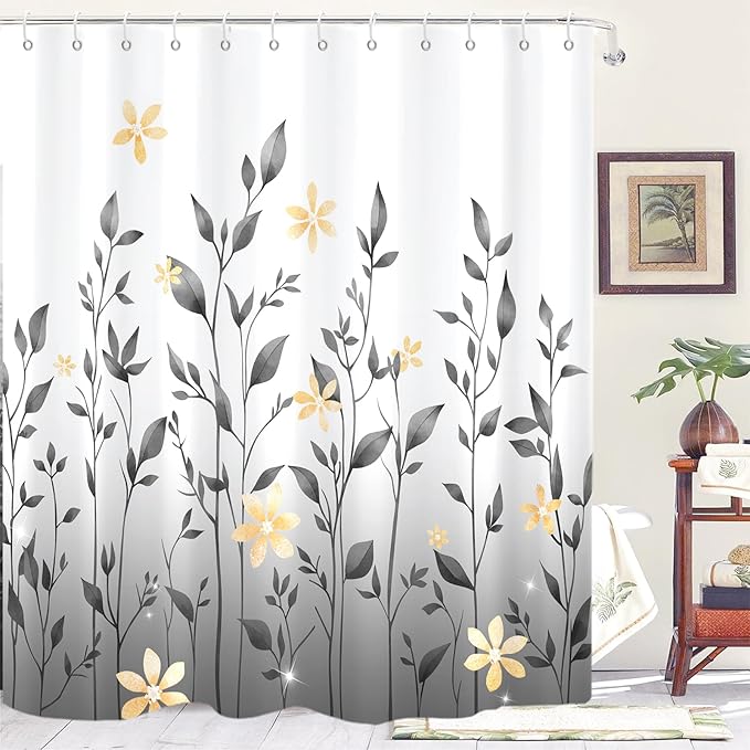 Eucalyptus Shower Curtain, Ombre Floral Leaves Plant Washable Fabric Bath Decor with 12 Hooks 72x72 inches, Grey