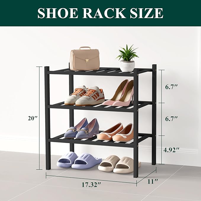 Smiry Bamboo Shoe Rack for Closet, 3 Tier Small Wooden Stackable Shoe Organizer, Free Standing Shoes Storage Shelf for Entryway, Front Door Entrance, Black