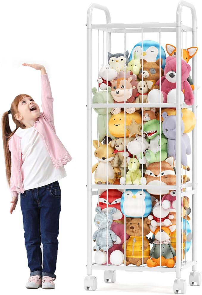 Stuffed Animal Storage Metal Tube Extra Large Toy Storage Organizer with Brake Wheels, Stuffed Animal Holder Zoo Organizer for Nursery Playroom Kids Room White(53.5” x 18.1”x 13”)