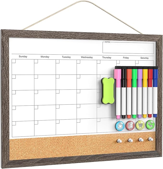 Calendar Whiteboard for Wall, 17x13 Inches Dry Erase Calendar Cork Board Combo, Magnetic White Board with Wood Framed, Hanging Dry Erase Board for Home Kitchen Office Planner Memo