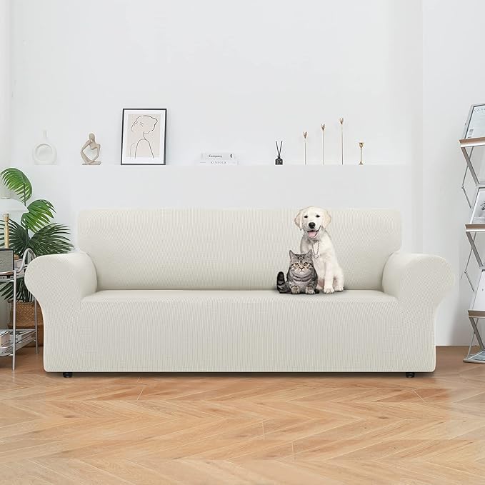 LURKA Stretch Sofa Slipcovers 1 Piece Couch Covers for 3 Cushion Couch Sofa Furniture Protector Full Sofa Covers with Elastic Bottom for Kids and Dog (Large, Ivory)