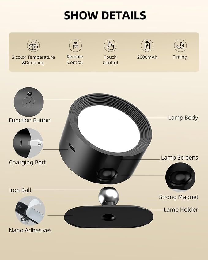 LED Wall Mounted Lights, Rechargeable Wall Sconces Lamp, 3 Color Temps & Remote and Touch, 360°Rotation Dimmable Cordless Wall Light for Study Bedroom Reading Bedside(Black, 2 Pack)