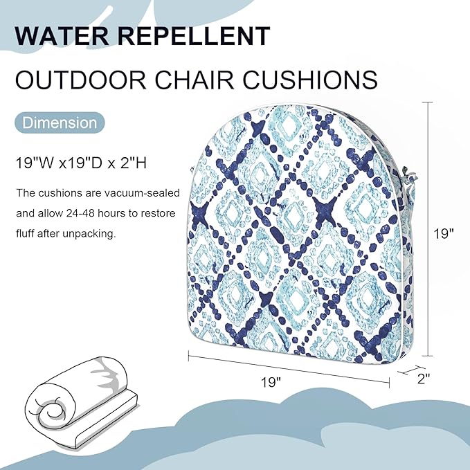 Set of 4 Outdoor Chair Cushions 19"x19"x2",Water Repellent Patio Seat Cushion with Ties and Removable Covers,Dining Chair Cushions for Indoor Kitchen and Patio Furniture,Boho Geometry Blue