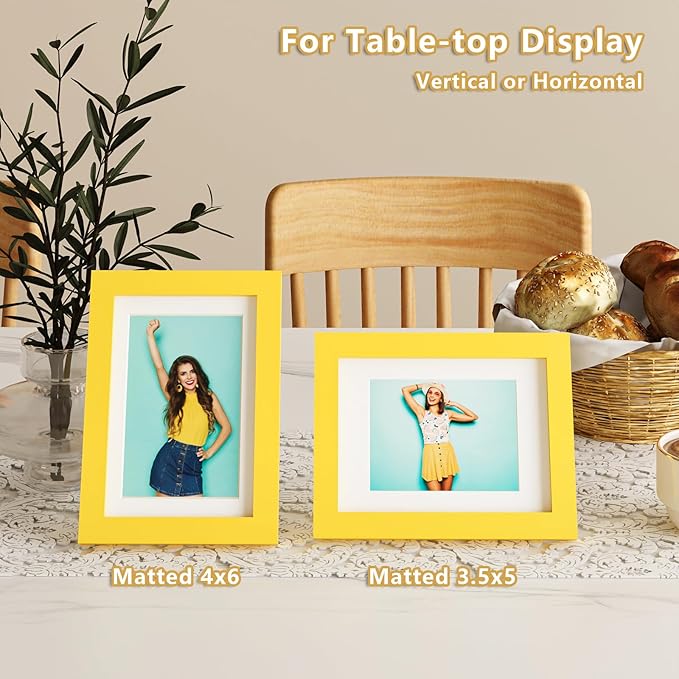 KINLINK 5x7 Picture Frame Yellow, Solid Wood Frames with Acrylic Plexiglass for 3.5x5/4x6 with Mat or 5x7 without Mat, Tabletop and Wall Display Photo Frame, Set of 4