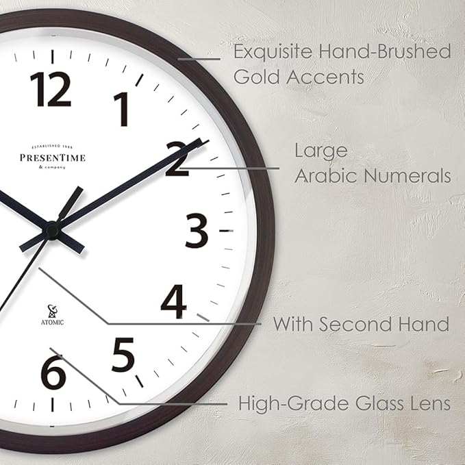 Presentime & Co 12" Atomic Wall Clock, Silent no Ticking, Automatically Sets Itself and Adjust to Daylight Saving Time by WWVB - Oil Rubbed Bronze Finish. (Home Office)