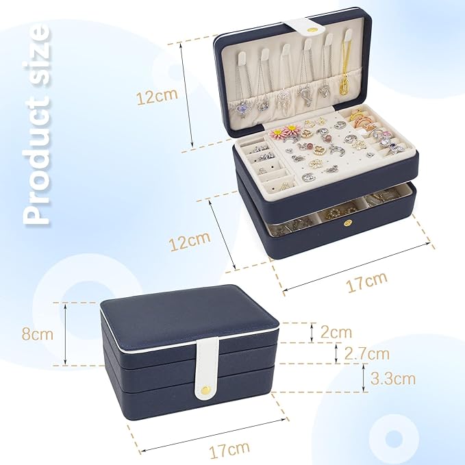 KOOAAICCHI Small Jewelry Box, Travel Jewelry Organizer, Portable Jewelry boxes for Women Girls Gift, Double Layers PU Leather Jewelry Holder for Rings, Earrings, Necklaces-Blue