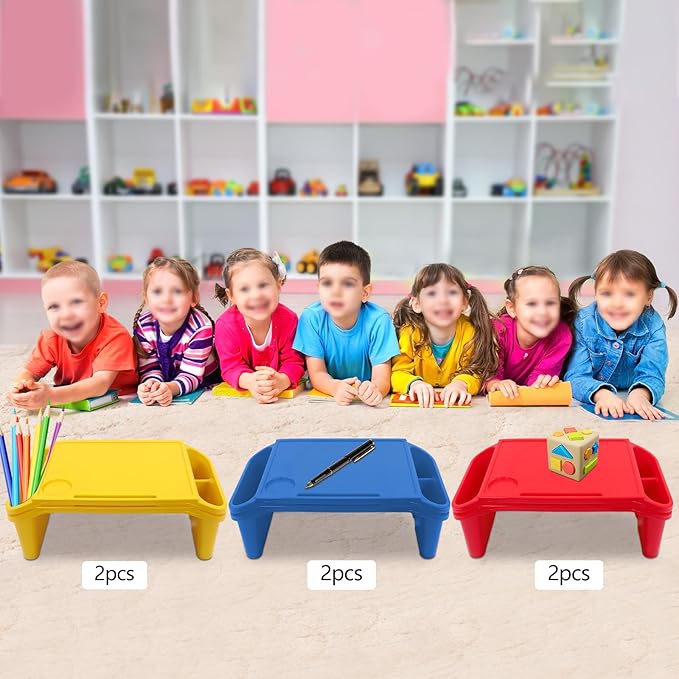 Set of 6 Kids Lap Desk Tray, Portable Activity Table, Plastic, Stackable for Drawing, Writing, Eating, Classroom, 19.69" L x 9.84" W x 7.09" H (Red, Blue, Yellow)