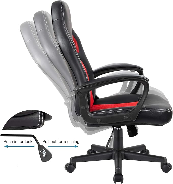 Furmax Red Gaming Chair, Adjustable Swivel Desk Chair with Padded Armrests and Lumbar Support, Leather and Mesh Design