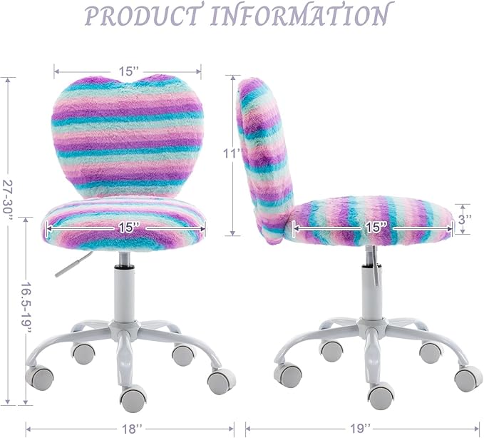 Cute Fuzzy Kids Chair for Teenage Girls - Rolling Study Desk with Adjustable Heart Shaped Reading Vanity for Bedroom, Rainbow