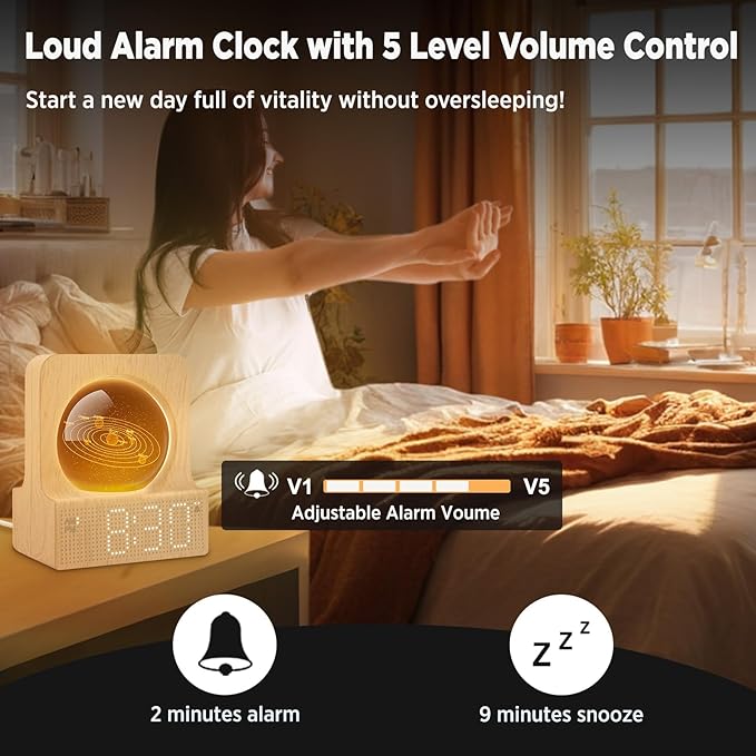DreamSky Space Alarm Clock for Kids Teens, Small Digital Clock with RGB Night Light for Bedroom, Colorful Crystal Ball Decor for Living Room Office, Dimmer, Gifts for Boys Girls Women (Wood Grain)