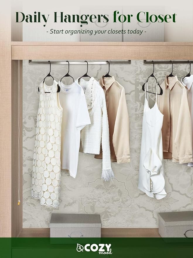 Cozymood Plastic Notched Hangers 20 Pack, Space Saving Tubular Clothes Hangers Black, Slim Non-Slip Heavy Duty Plastic Hanger for Everyday Use, Standard Closet Hanger for Shirts, Coat, Dress, Skirts