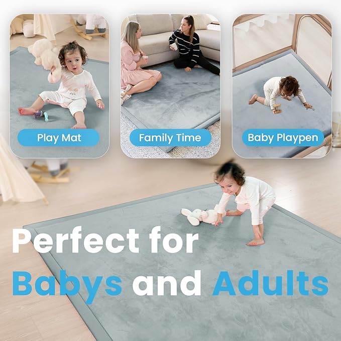 1.3" Thick Baby Play Mat for Floor Playpen, 71x79 Large Foam Tummy Time Mat, Padded Support Soft Plush Nursery Rug for Infant Kids Toddler Crawling Kick Activity (Light Grey)