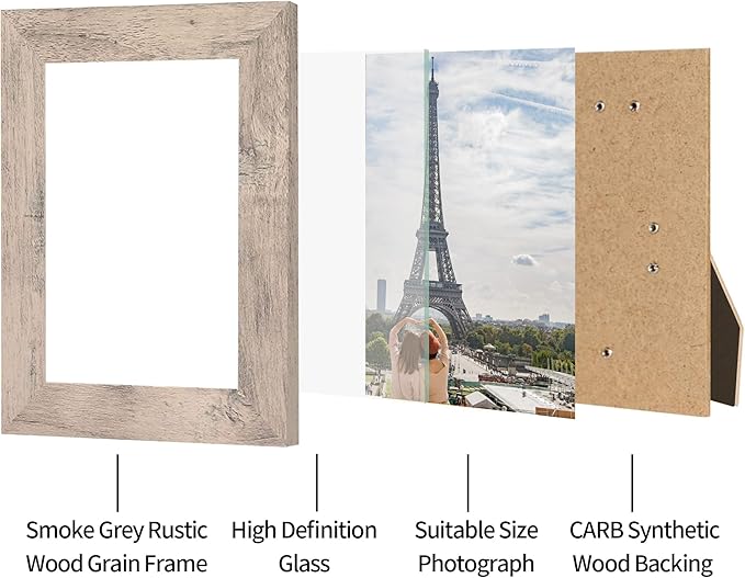 4x6 Picture Frame Set of 4, High Definition Real Glass Smoke Gray Frame, 4 x 6 Photo Frames for Tabletop Display and Wall Mounting