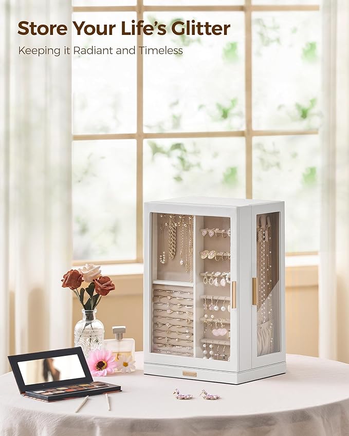 360° Rotating Jewelry Box with 9 Drawers, Spacious Vertical Jewelry Organizer with Glass Window, Jewelry Storage Case, Dustproof & Moisture-resistant Design, White