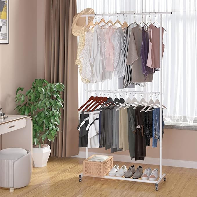 Sywhitta Double Rod Clothing Garment Rack, Rolling Clothes Organizer on Wheels for Hanging Clothes, Easy to Assemble, Adjustable, White
