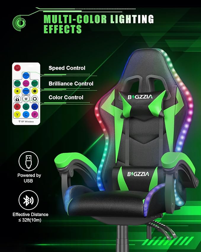 Bigzzia Gaming Chair with RGB LED Lights, High Back Ergonomic Computer Gamer Chair with Headrest and Lumbar Support, Racing Style Reclining Game Chair for Adults, Kids (Black/Green)
