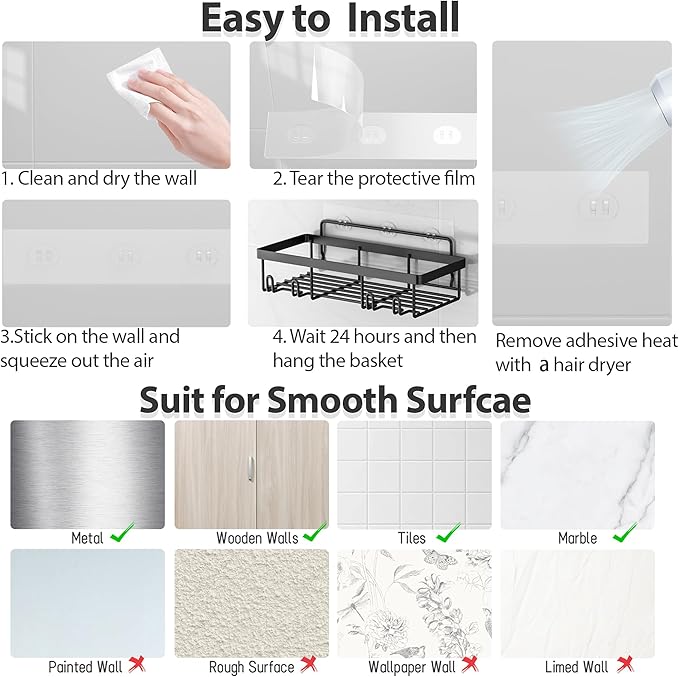 5 Pack Shower Caddy Organizer Rack Shelf for Inside Shower, Adhesive Bathroom Wall Storage Basket Rustproof Stainless Steel Shampoo Holder, Bathroom Accessory Decor Set, Black