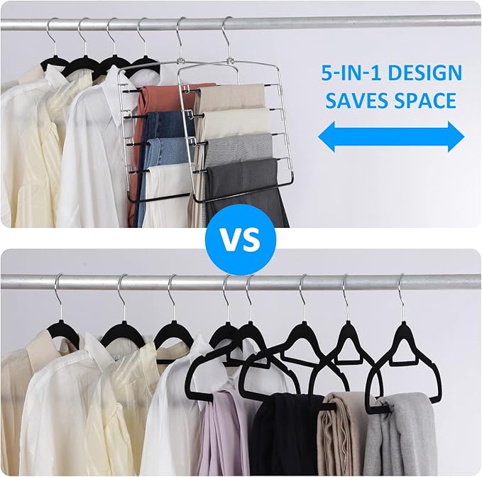 Pants Hangers 6 Pieces,5 Tier Closet Organizers and Storage Clothes Hangers,Hangers Space Saving with Swing Arm,Multiple Metal Hanger Clothes Organization for Pants Trousers Jeans Leggings Slacks