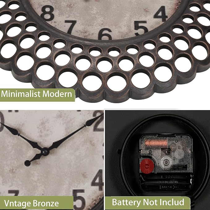 16 Inch Retro Metal Wall Clock, Silent Non-Ticking Battery Operated Round Vintage Clock Decorative for Living Room, Kitchen, Bedroom Decor,Black Arabic Number