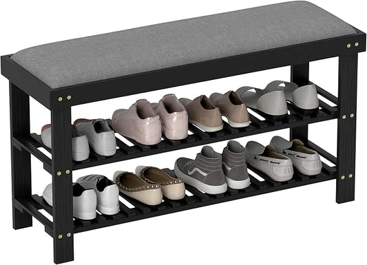HOMCOM Bamboo Shoe Bench, 3-Tier Entryway Bench with Storage and Cushion, Shoe Organizer for Entryway, Hallway, Holds Up to 331 lbs, 35.4 x 11.4 x 19.3 Inches, Black