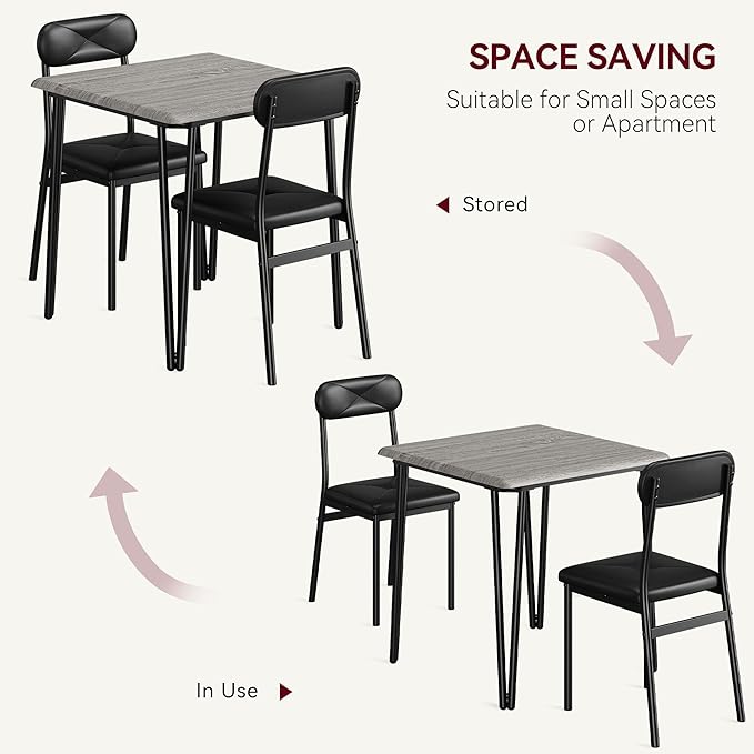 GarveeHome Dining Table Set for 2, Kitchen Table with Upholstered Chairs for Kitchen Room and Small Spaces (Grey, Table with 2 Chairs)